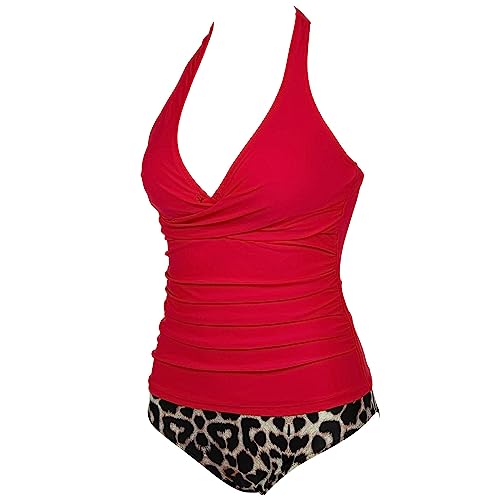SUUKSESS Women Sexy Halter Tankini Bathing Suits Slimming Tummy Control High Waisted Swimsuits 2 Piece (Red Leopard, M) - Image 5