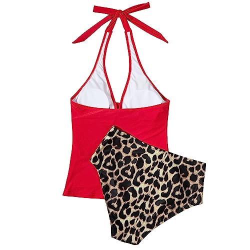 SUUKSESS Women Sexy Halter Tankini Bathing Suits Slimming Tummy Control High Waisted Swimsuits 2 Piece (Red Leopard, M) - Image 3