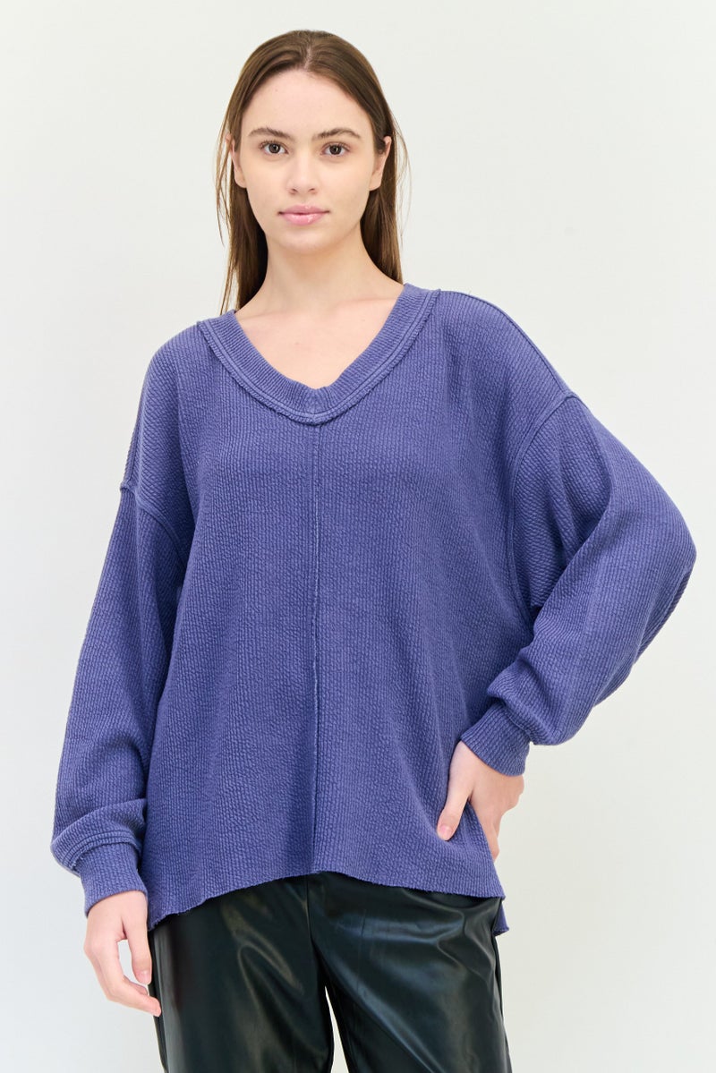Aerie Women V-Neck Textured Sweater, Slate Blue - Image 1