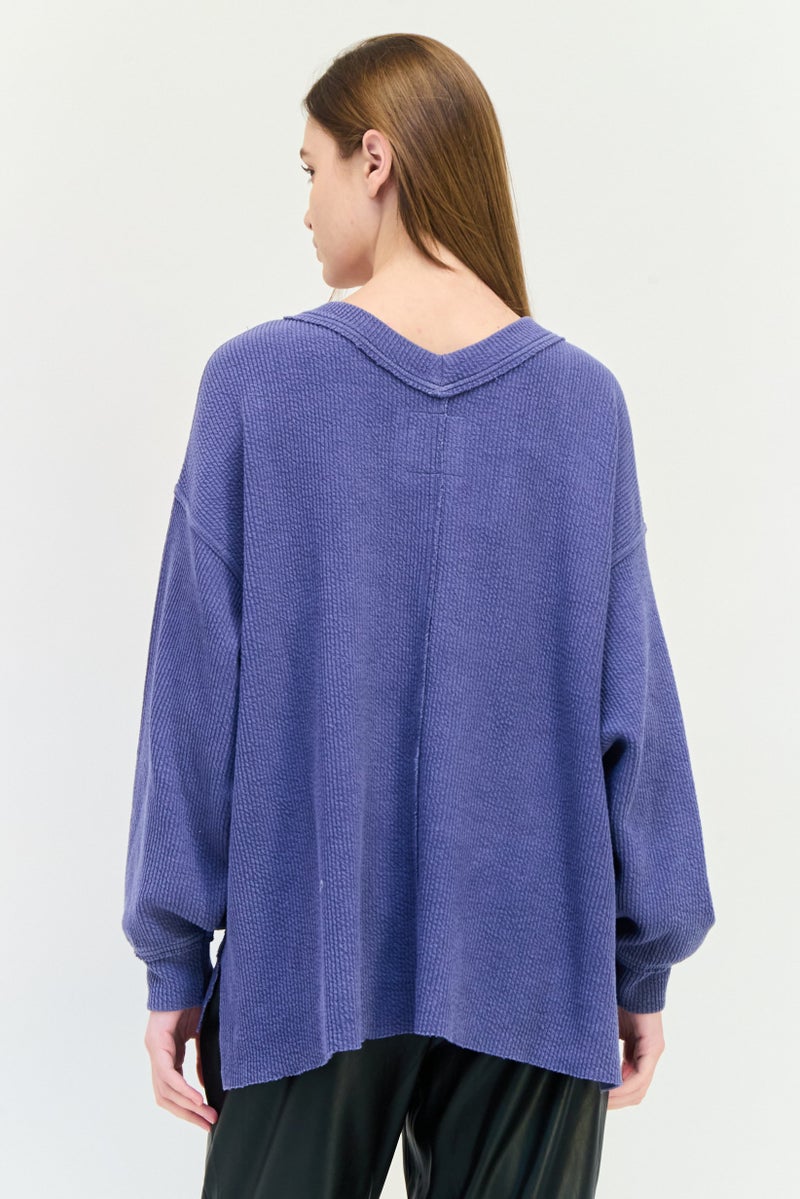 Aerie Women V-Neck Textured Sweater, Slate Blue - Image 3