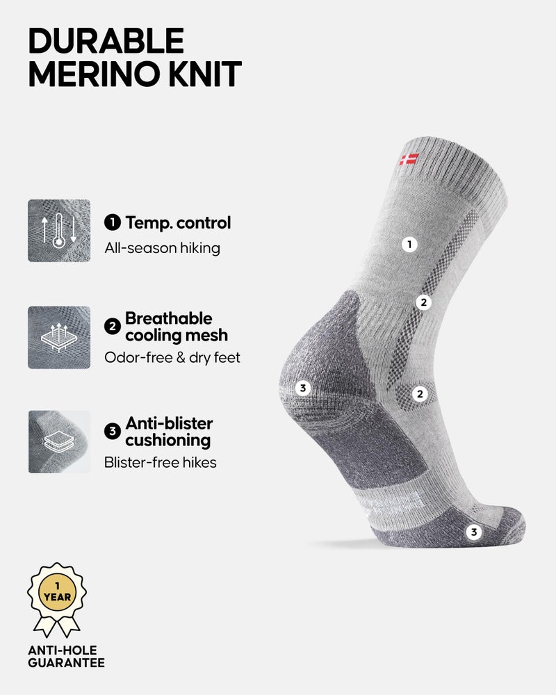 DANISH ENDURANCE Merino Wool Hiking Socks for Men & Women - Moisture Wicking Hiking Socks Cushioned to Prevent Blisters and Sore Feet - Small, Medium, Large sizes - 3 Pair Pack for Men and Women - Image 2
