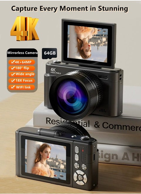 الكاميرا الرقمية ، كاميرا 4K Vlogging ، كاميرا الأطفال UHD التركيز التلقائي 64MP 180 درجة شاشة مقلبة 18X زوم كاميرا تسجيل الفيديو المدمجة من نقطة إلى نقطة مع عدسة ماكرو واسعة الزاوية لـ YouTube