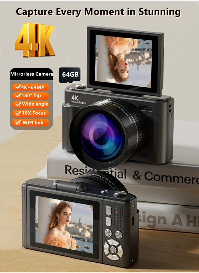 Makrystorm Digital Camera, 4K Vlogging Camera, Kids Camera UHD autofocus 64MP 180 ° flip screen 18X zoom compact point-to-point shooting video recording camera with wide-angle macro lens for YouTube  - Image 1