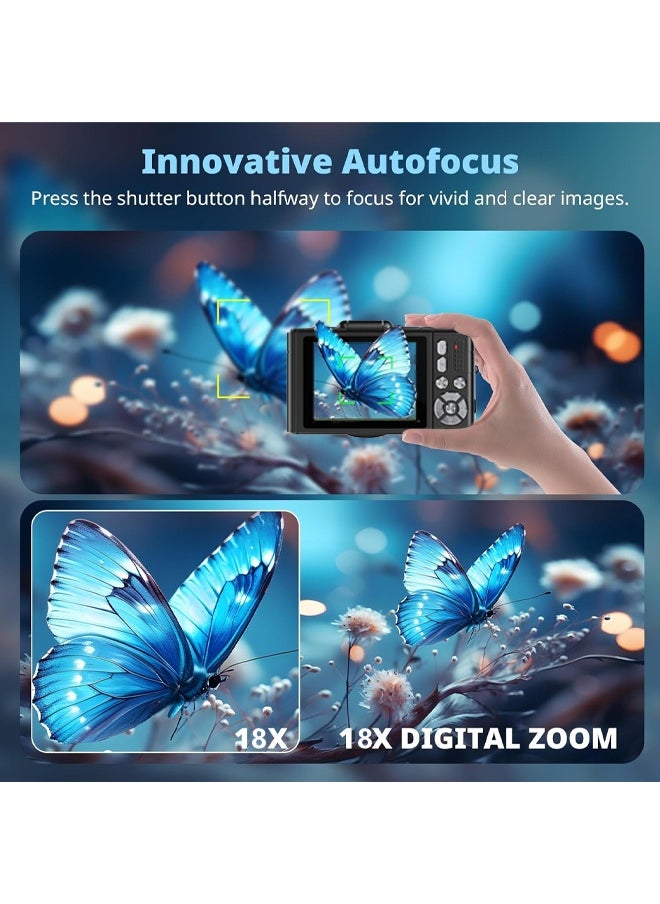 Makrystorm Digital Camera, 4K Vlogging Camera, Kids Camera UHD autofocus 64MP 180 ° flip screen 18X zoom compact point-to-point shooting video recording camera with wide-angle macro lens for YouTube  - Image 3