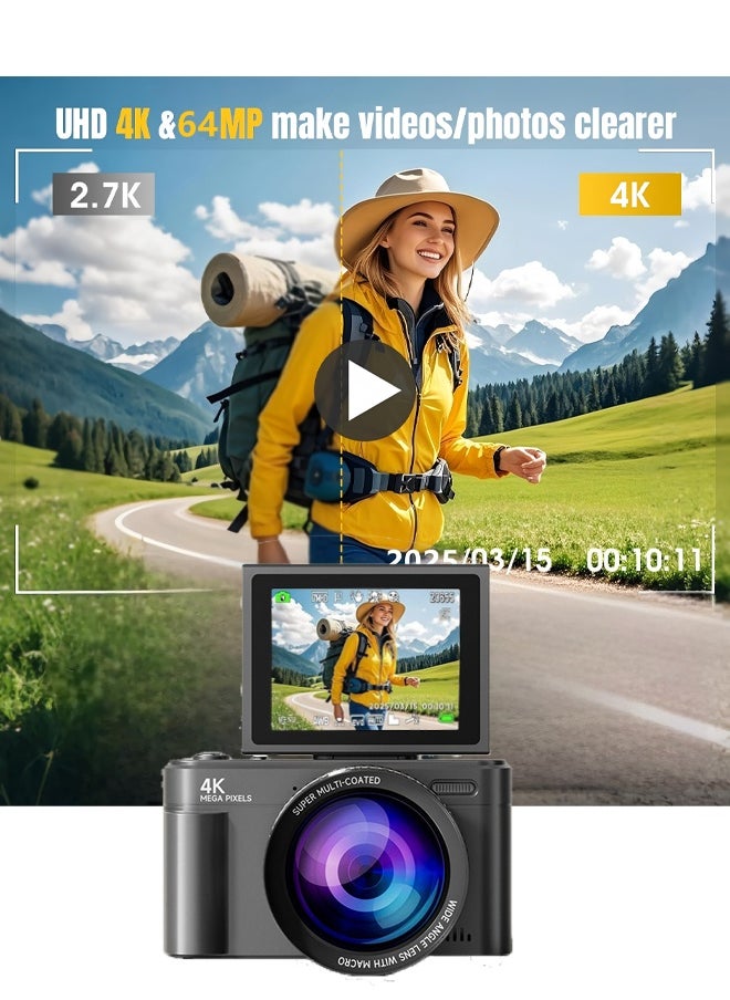 Makrystorm Digital Camera, 4K Vlogging Camera, Kids Camera UHD autofocus 64MP 180 ° flip screen 18X zoom compact point-to-point shooting video recording camera with wide-angle macro lens for YouTube  - Image 2