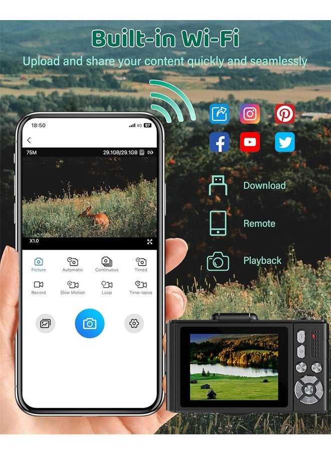 ماكرايستورم - الكاميرا الرقمية ، كاميرا 4K Vlogging ، كاميرا الأطفال UHD التركيز التلقائي 64MP 180 درجة شاشة مقلبة 18X زوم كاميرا تسجيل الفيديو المدمجة من نقطة إلى نقطة مع عدسة ماكرو واسعة الزاوية لـ YouTube - Image 1
