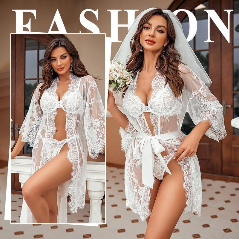 Lace Kimono Robe - Open Front, Long Sleeve Cover-Up, White, Size L - Image 5