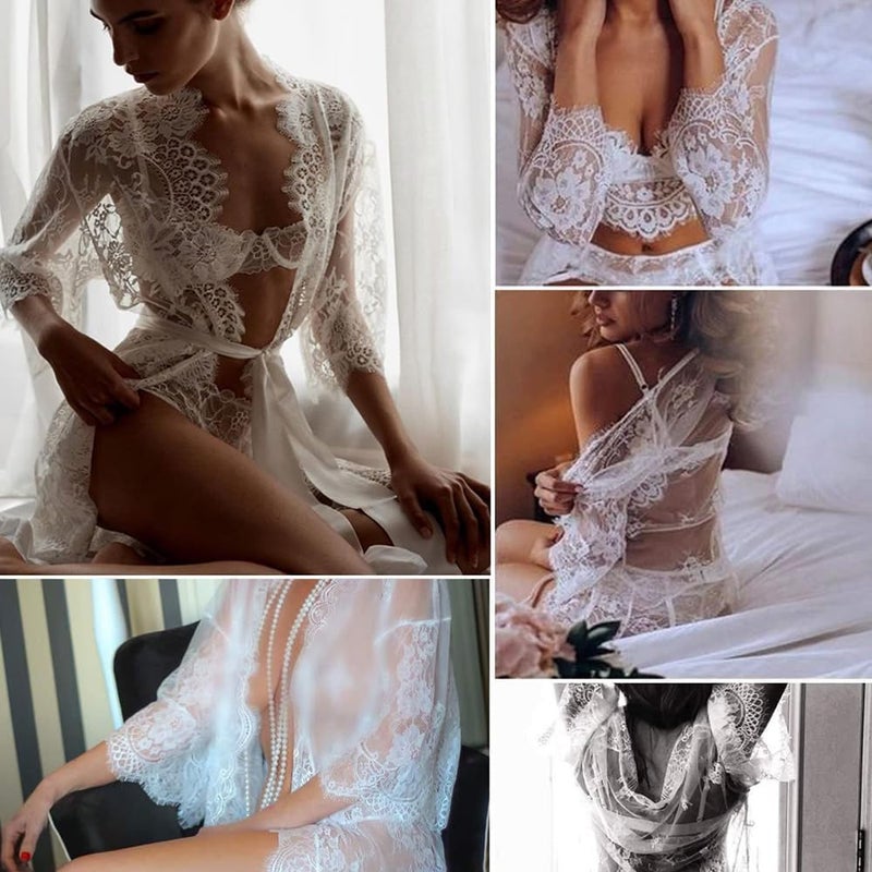 Lace Kimono Robe - Open Front, Long Sleeve Cover-Up, White, Size L - Image 4