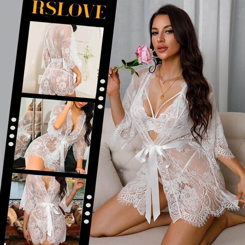 Lace Kimono Robe - Open Front, Long Sleeve Cover-Up, White, Size L - Image 3