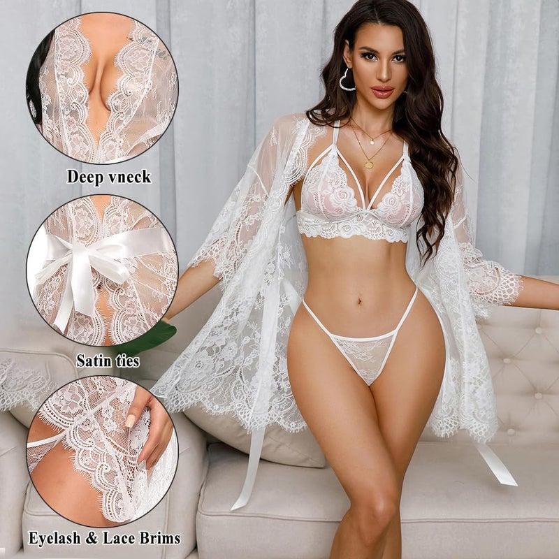 Lace Kimono Robe - Open Front, Long Sleeve Cover-Up, White, Size L - Image 2