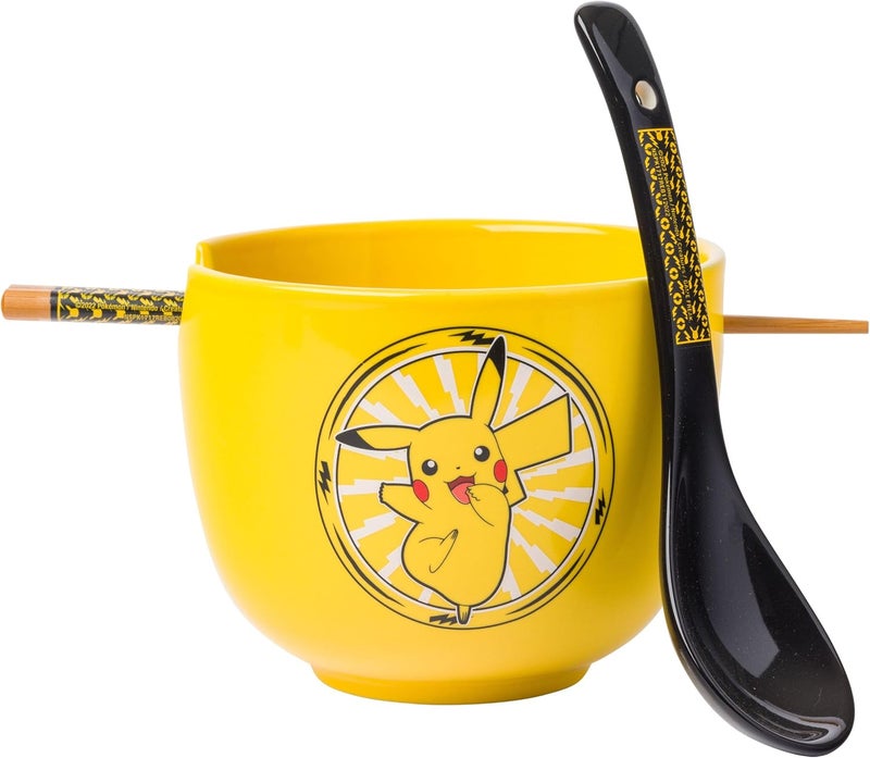 Silver Buffalo Pokemon Pikachu Electric Ceramic Ramen Noodle Rice Bowl with Chopsticks and Spoon Microwave Safe 20 Ounces - Image 1