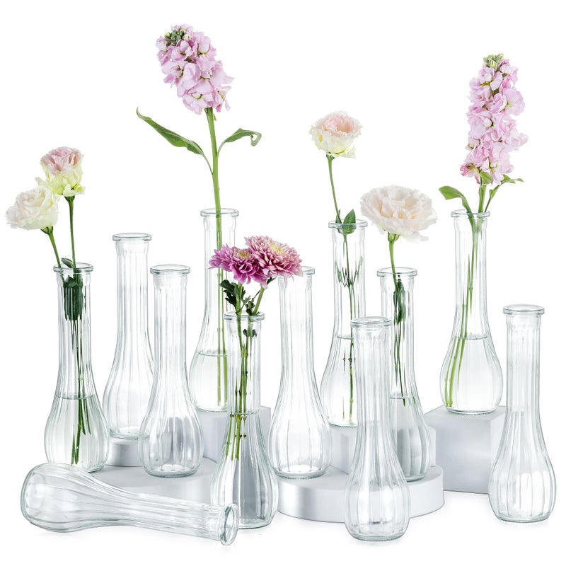 NUPTIO Glass Bud Vases Centerpiece: 12 Pcs Small Flower Vase for Wedding in Bulk - Cute Clear Ribbed Vase for Party Events Home Table Decor - Image 1