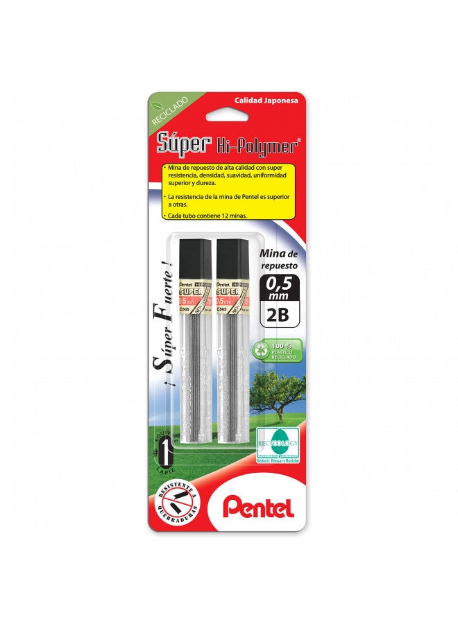 Pentel Super Hi-Polymer Lead Refill, 0.5mm, Fine, HB, 144 Pieces of Lead (C505-HB) , Black , 12/Leads - Image 1