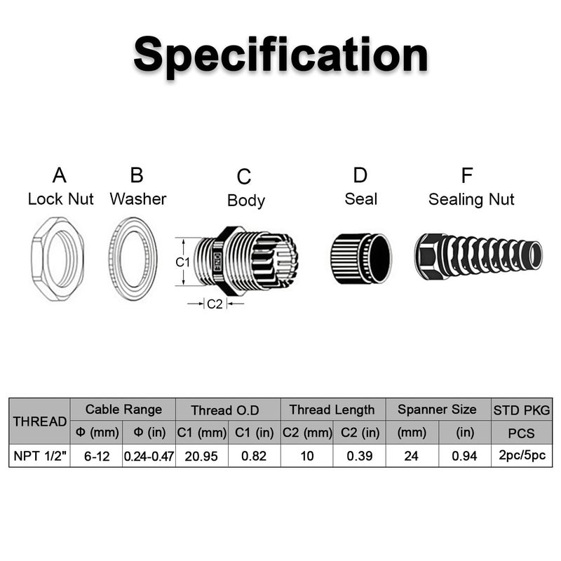 LeMotech 2Pcs NPT 1/2" IP68 Waterproof Cable Gland Flex Spiral Strain Relief Black Nylon Joint with Gaskets for 6-12mm Wire Thread - Image 2