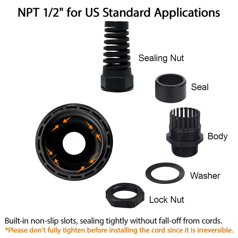 LeMotech 2Pcs NPT 1/2" IP68 Waterproof Cable Gland Flex Spiral Strain Relief Black Nylon Joint with Gaskets for 6-12mm Wire Thread - Image 3