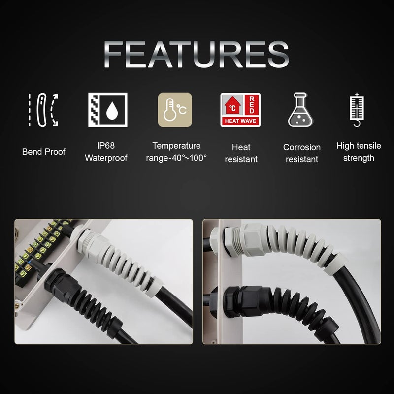 LeMotech 2Pcs NPT 1/2" IP68 Waterproof Cable Gland Flex Spiral Strain Relief Black Nylon Joint with Gaskets for 6-12mm Wire Thread - Image 4