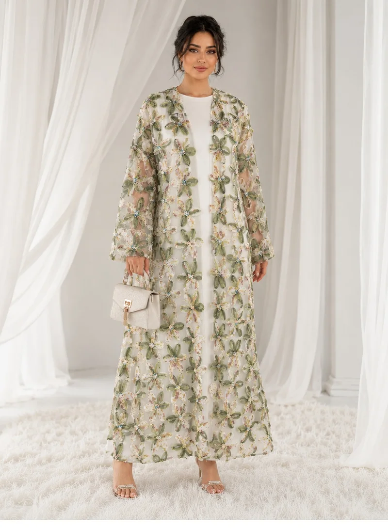 MSquare Fashion Net Floral Abaya with Plain Chiffon Headscarf – Elegant, Modest, Luxury Women’s Abaya for Special Occasions