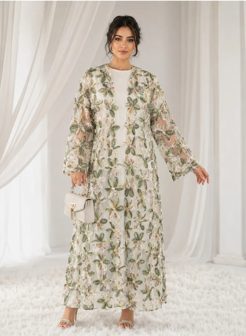 MSquare Fashion Net Floral Abaya with Plain Chiffon Headscarf – Elegant, Modest, Luxury Women’s Abaya for Special Occasions