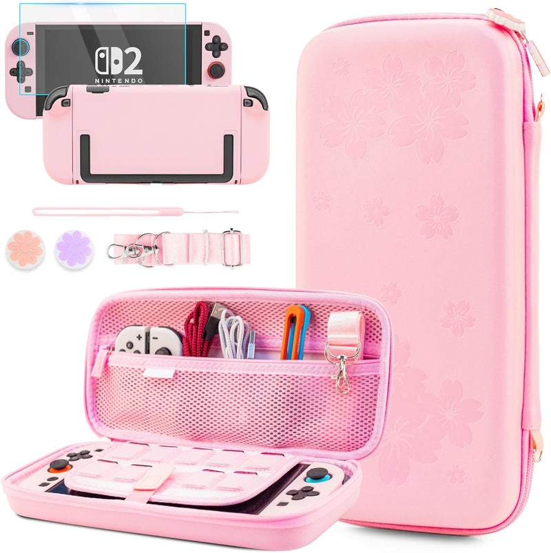 GLDRAM Pink Cherry Blossom Carrying Case for Nintendo Switch 2, Cute Girly Accessories with Sakura Travel Storage Bag, Hardshell Protective Cover, Screen Protector, Shoulder Wrist Strap & Thumb Caps - Image 1