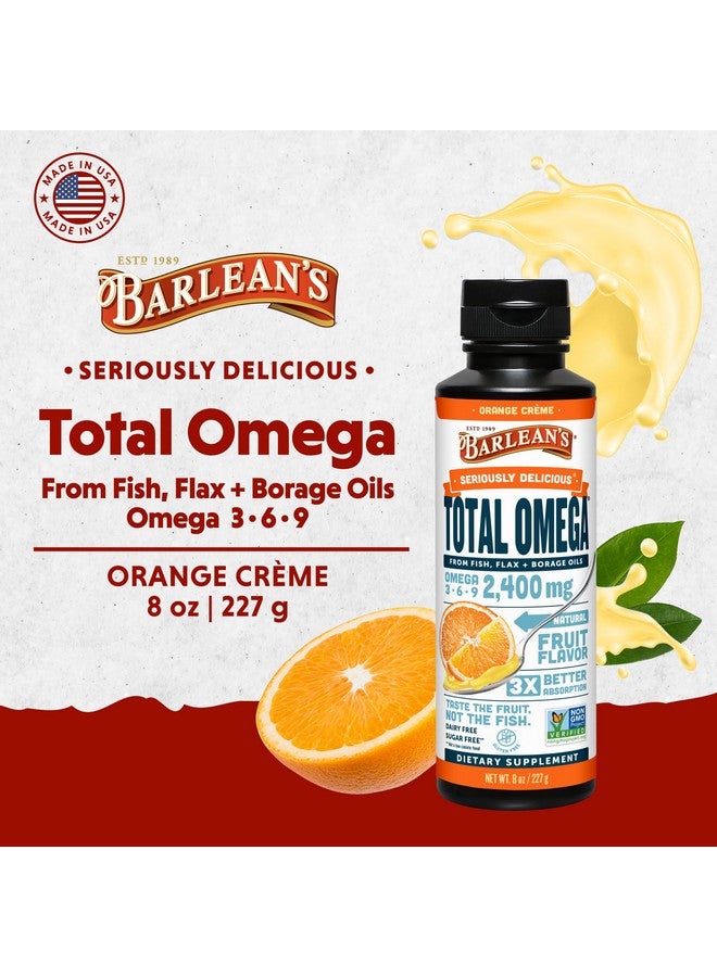 Barlean's Total Omega 3 6 9 Orange Crème Liquid Fish Oil Supplement with Borage and Flaxseed Oil, 2,400 mg of Omegas EPA and DHA Plus GLA for Joint and Heart Health, 8 oz - Image 1