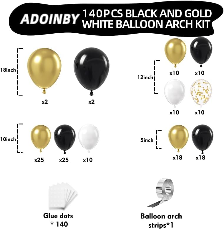 ADOINBY Black and Gold White Balloon Arch Kit for Birthday Celebrations - Image 2