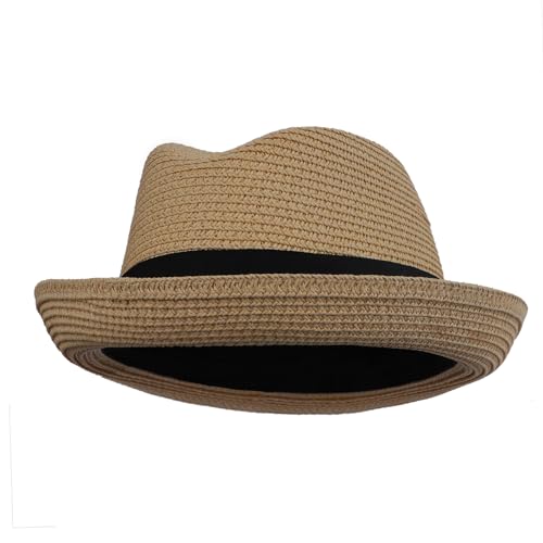 Holiberty Kids Straw Fedora Panama Hat Toddler Short Brim Summer Sun Beach Cap Western Trilby Derby Jazz Hat for Boys Girls 2-8 Yrs Light Coffee - Image 2