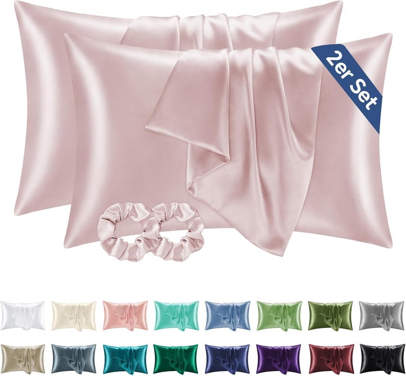 BEDELITE Satin Cushion Cover, Set of 2, 40 x 60 cm, Dusky Pink | Silk Pillowcase Alternative, Soft for Summer, 2 Hair Bobbles Included, for Hair and Skin - Image 1