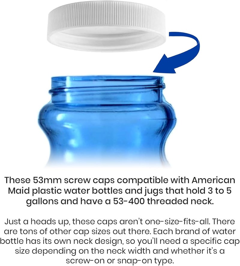 Calvana (6-Pack) 53mm Reusable Water Jug Caps, Lids for 3 and 5 Gallon Water Jug, Water Bottle Cover Screw Top, Compatible with American Maid Plastic Water Bottles and Jugs Ranging, PP Material, White - Image 4