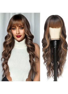 NAYOO Brown Wigs With Bangs For Women Long Curly Wavy Hair Wigs Heat Resistant Synthetic Fiber Wigs For Daily Party Use 26 Inches (Dark Brown Mixed Chestnut) 