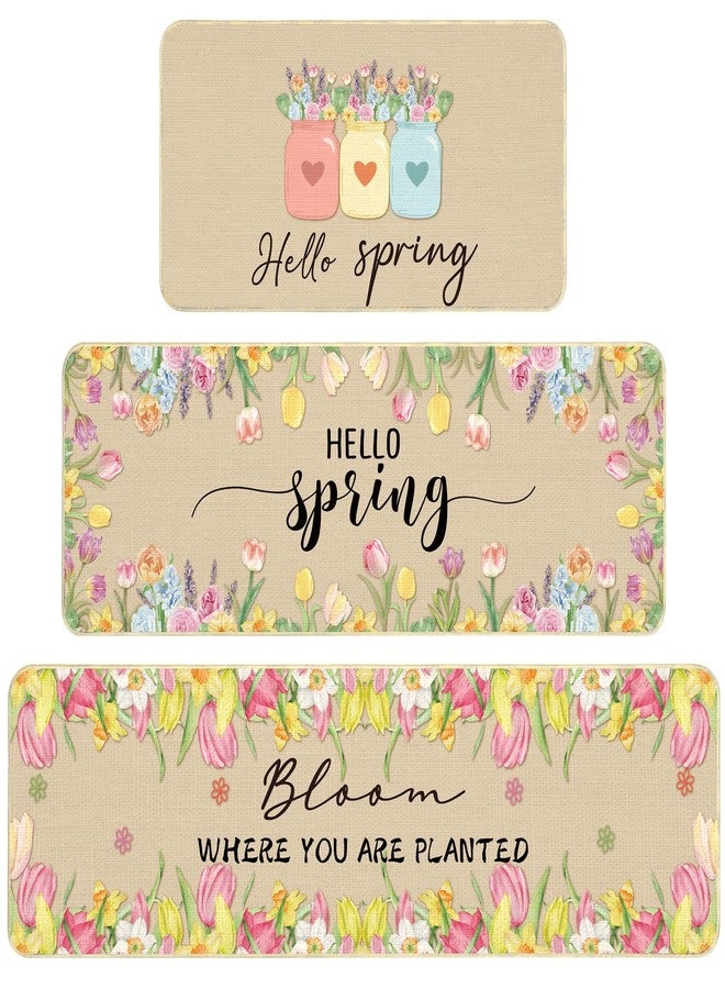 Tinideya مجموعة سجادات وحصائر مطبخ Tinideya Hello Spring، ثلاث قطع، سجادة مطبخ مزينة بأزهار الربيع، سجادة باب مانعة للانزلاق، ديكور حمام مرح قابل للغسل، مقاسات 17 × 59، 17 × 47، 17 × 32 بوصة - Image 1