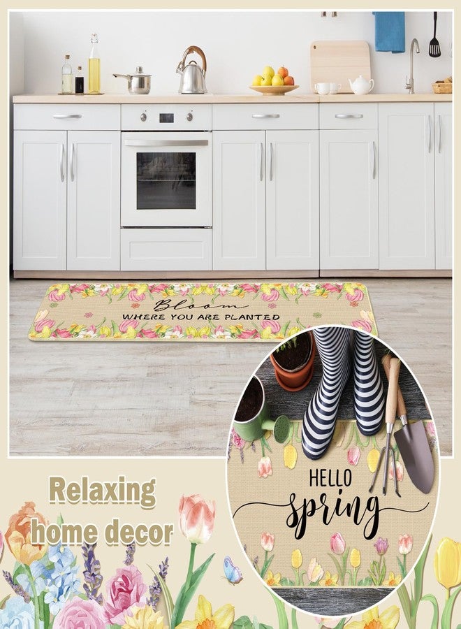 Tinideya مجموعة سجادات وحصائر مطبخ Tinideya Hello Spring، ثلاث قطع، سجادة مطبخ مزينة بأزهار الربيع، سجادة باب مانعة للانزلاق، ديكور حمام مرح قابل للغسل، مقاسات 17 × 59، 17 × 47، 17 × 32 بوصة - Image 5