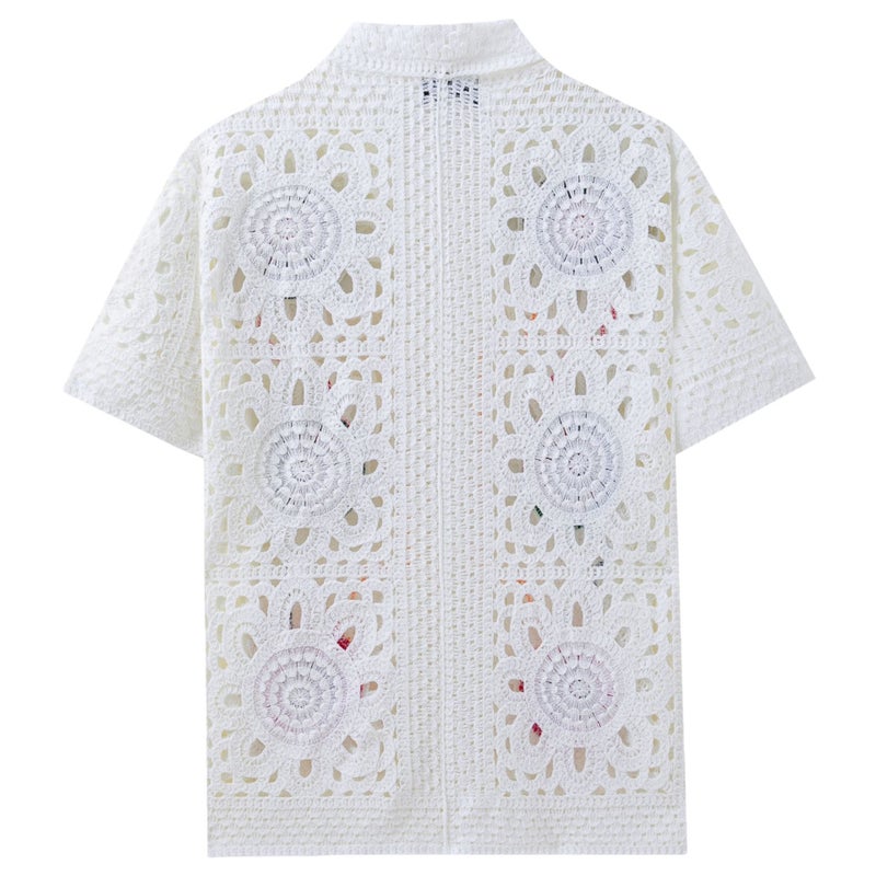 Men's Ethnic Hollow Knit Short Sleeve Polo Shirt - Image 3