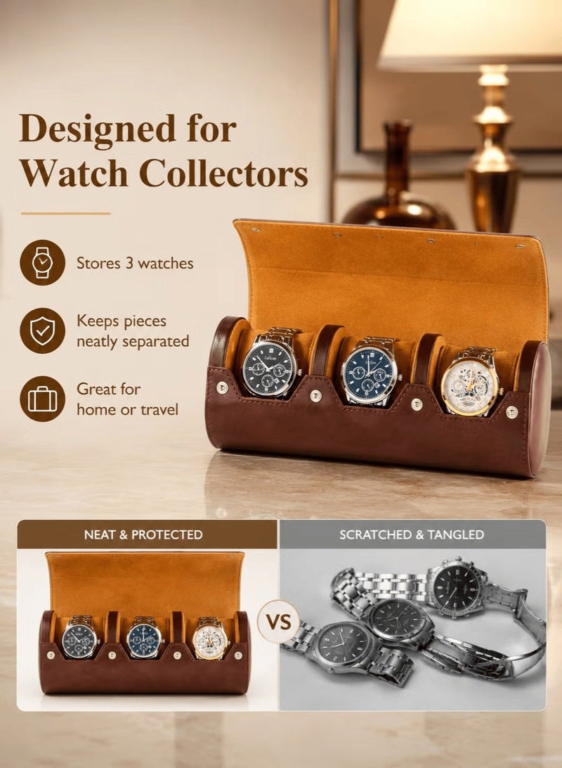 Travel Watch Box 3 Slot Leather Watch Roll Case for Men – Portable Watch Organizer with Soft Interior, Secure Snap Closure for Travel, Storage & Display – Brown - Image 3