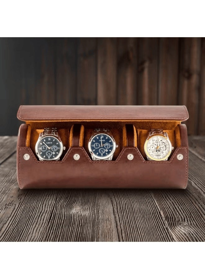 Travel Watch Box 3 Slot Leather Watch Roll Case for Men – Portable Watch Organizer with Soft Interior, Secure Snap Closure for Travel, Storage & Display – Brown - Image 2