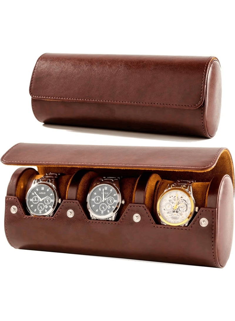 Travel Watch Box 3 Slot Leather Watch Roll Case for Men – Portable Watch Organizer with Soft Interior, Secure Snap Closure for Travel, Storage & Display – Brown - Image 1
