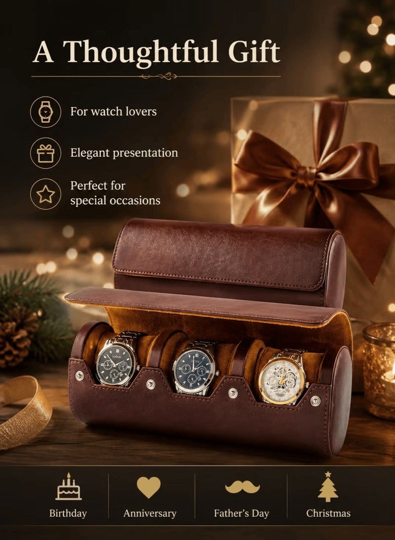 Travel Watch Box 3 Slot Leather Watch Roll Case for Men – Portable Watch Organizer with Soft Interior, Secure Snap Closure for Travel, Storage & Display – Brown - Image 4