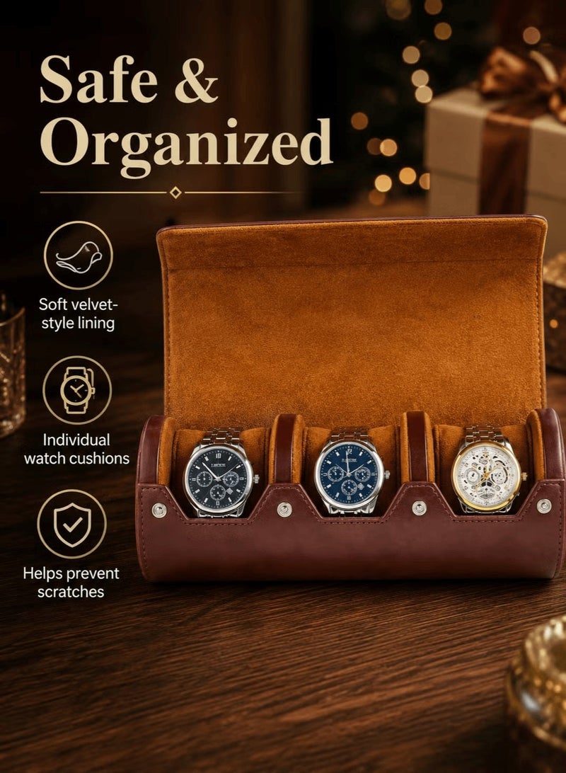 Travel Watch Box 3 Slot Leather Watch Roll Case for Men – Portable Watch Organizer with Soft Interior, Secure Snap Closure for Travel, Storage & Display – Brown - Image 5