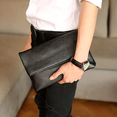 NIGEDU Men’s Clutch Bag Solid PU Leather Envelope Clutches Folded Male Business Purse Bags (Black) - Image 2