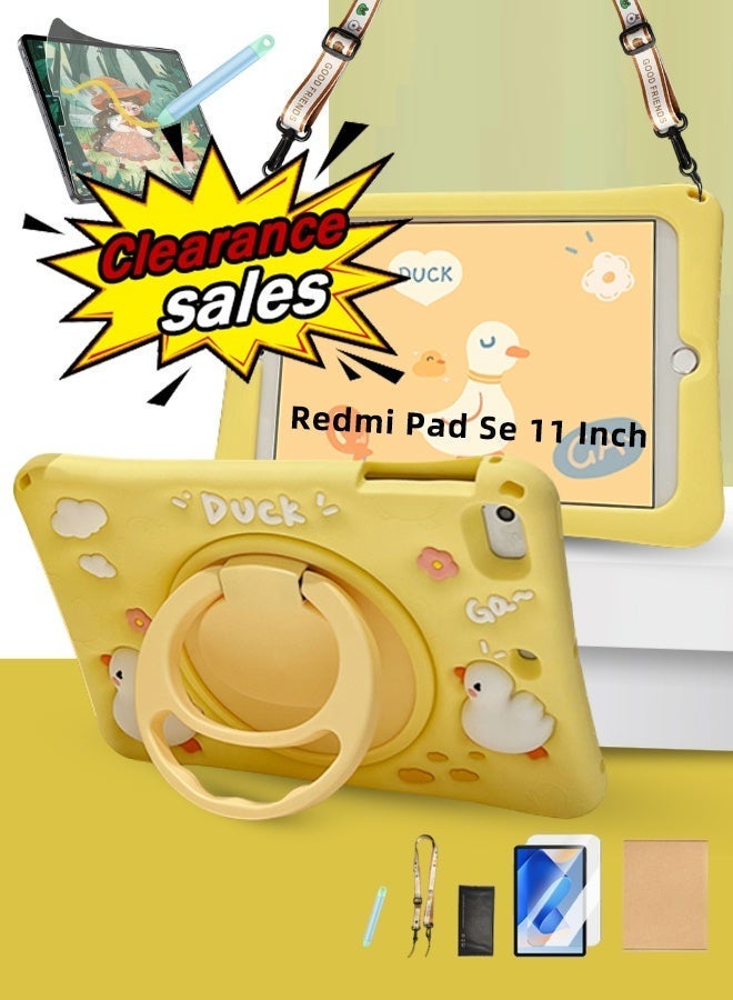 Redmi Pad Se 11 Inch Cover Fall-Resistant, Tablet Cover For Kids With Cute Duck Shape, Redmi Pad Se Cover With 3-In-1 Multi Grip (Handle/Stand/Pen Tray), Free School Bag Strap Anti-Glare Screen Protector Kids Stylus Designed For Children-Yellow - Image 1