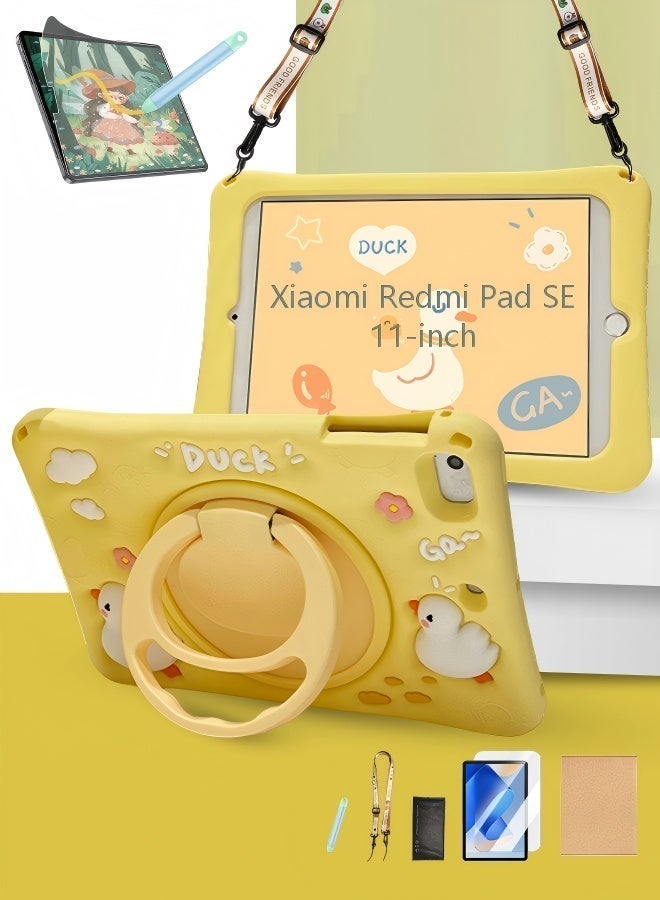 Kids Case for Xiaomi Redmi Pad SE 11-inch (2023) - Shockproof Cute Duck Stand Cover with Strap, Screen Protector & Stylus - Yellow - Image 1