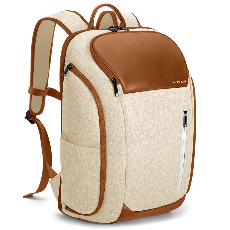 Ponhog 17 Inch Laptop Backpack for Men Business Travel AntiTheft Backpack with USB Charging Port Water Resistant Computer Bag Carry On Flight Approved for Work College Weekender Beige - Image 2