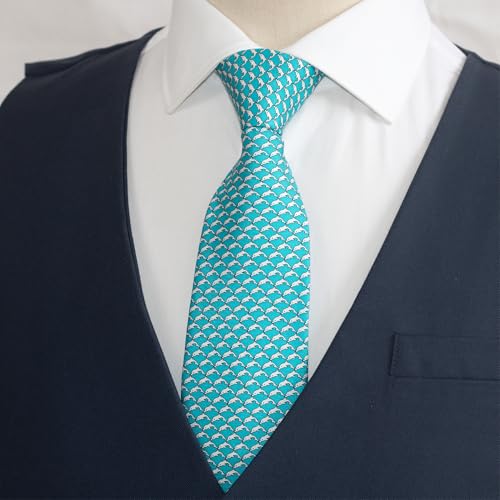 WITZROYS 100% Silk Ties for Men Handmade Neckties with Animal Printed Patterns+Gift box … (Dolphins - Silver on Aqua Green, Regular Length - 59") - Image 2