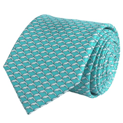 WITZROYS 100% Silk Ties for Men Handmade Neckties with Animal Printed Patterns+Gift box … (Dolphins - Silver on Aqua Green, Regular Length - 59") - Image 1