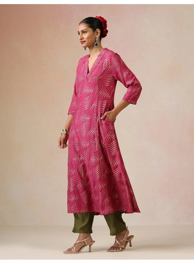 trueBrowns trueBrowns Pink Gold Foil Print Muslin Silk A-line Kurta Set