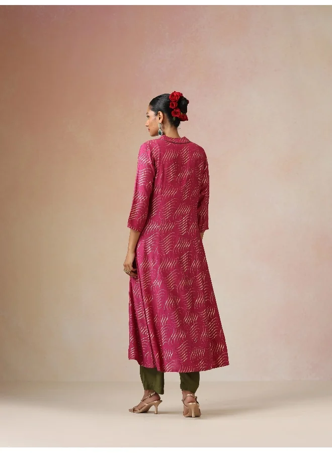 trueBrowns trueBrowns Pink Gold Foil Print Muslin Silk A-line Kurta Set