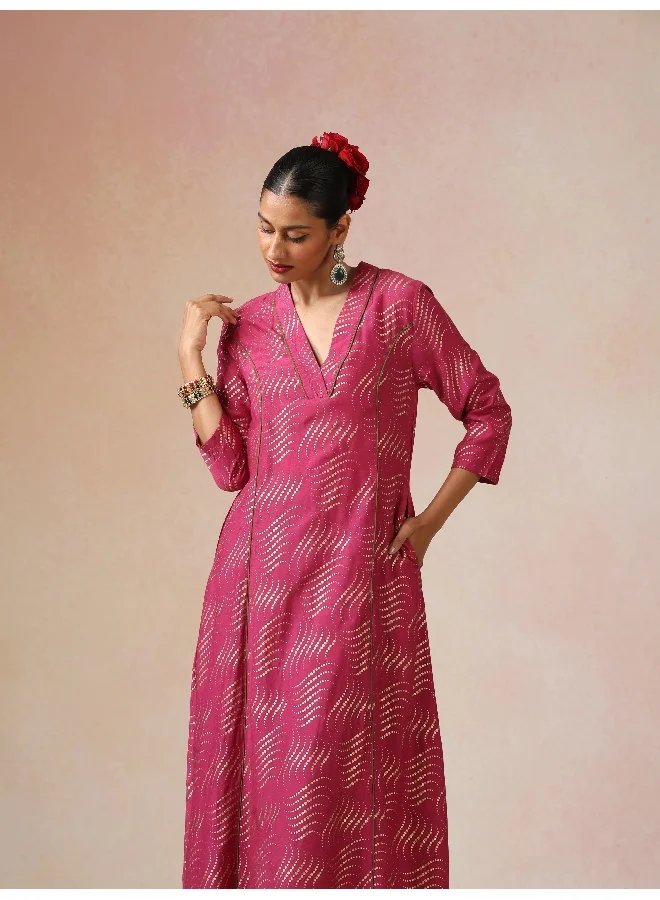 trueBrowns trueBrowns Pink Gold Foil Print Muslin Silk A-line Kurta Set