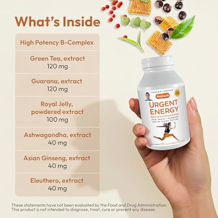 ANDREW LESSMAN Urgent Energy 60 Capsules - Provides a Safe, Healthy Means of Enhancing Energy Levels and Feelings of Well-Being, Green Tea, Guarana, Ginseng, Royal Jelly, Ashwagandha, B-Complex - Image 3