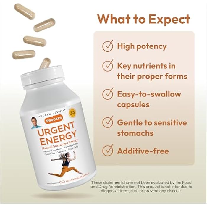 ANDREW LESSMAN Urgent Energy 60 Capsules - Provides a Safe, Healthy Means of Enhancing Energy Levels and Feelings of Well-Being, Green Tea, Guarana, Ginseng, Royal Jelly, Ashwagandha, B-Complex - Image 4