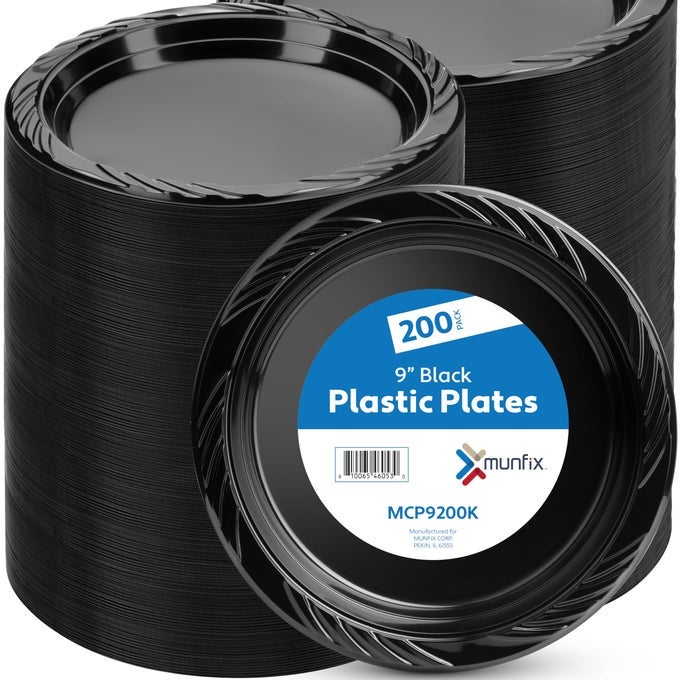 200 BLACK PLASTIC PLATES SET 9 INCH DISPOSABLE DINNER PLATES BULK PACK FOR PARTY BBQ PICNIC PARTIES TRAVEL AND EVENTS MICROWAVABLE RECYCLABLE