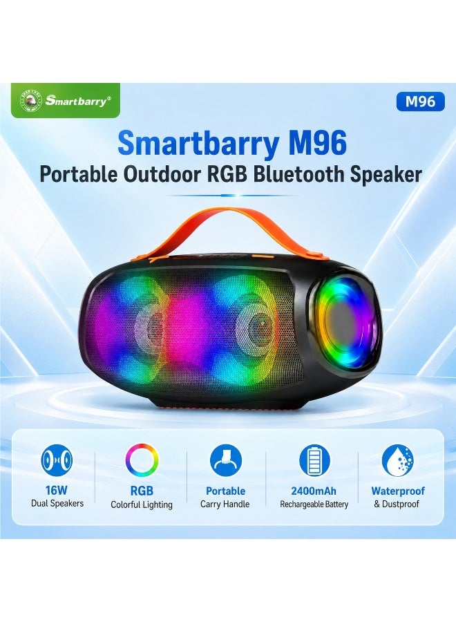 Smartbarry M96 Portable Outdoor RGB Bluetooth Speaker – 16W Dual Driver Stereo Sound, Deep Bass, 2400mAh Rechargeable Battery, Waterproof & Dustproof Wireless Speaker, Carry Handle, USB/TF Card Support – Black/Orange - Image 2